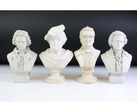 Four ceramic &amp; composition bust figures depicting composers, to include Schubert, Beethoven, Mozart &amp; Wagner. Tallest