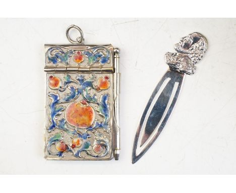 A white metal and enamel aide memoir together with a 925 sterling silver bookmark 