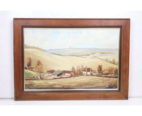 Jean Belcher (1928-2018) Oil on Board, a View of Turville Heath in the Chiltern Hills with Turville Windmill in distance (the