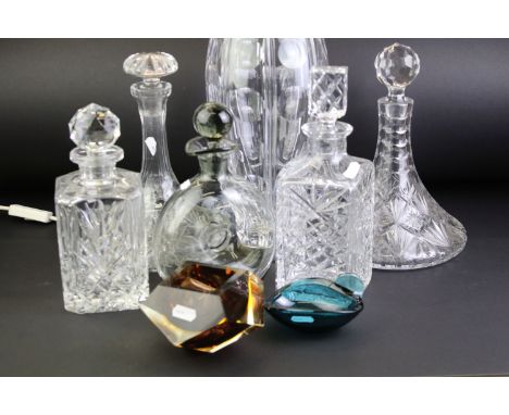 Collection of 20th Century glass to include Murano Sommerso geode vase, Stuart crystal lamp base, two ships decanters, two wh