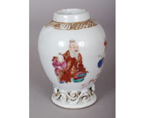 AN 18TH CENTURY CHINESE FAMILLE ROSE PORCELAIN TEA CADDY, with a scroll moulded foot, 4in high.