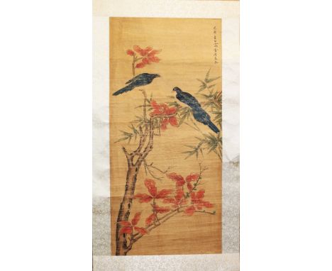 A CHINESE HANGING SCROLL PICTURE ON PAPER, depicting two birds perched on bamboo and a leafy branch, the picture itself appro