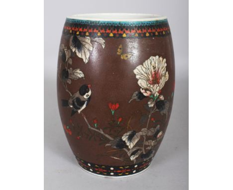 A JAPANESE TOTAI CLOISONNE ON PORCELAIN BARREL FORM JAR, circa 1900, the sides decorated with birds, butterflies and foliage 