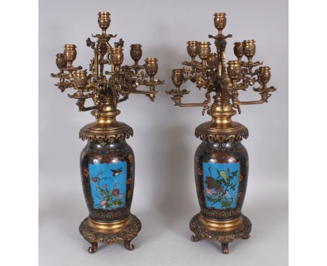 A GOOD LARGE PAIR OF ORMOLU MOUNTED CANDELABRA & JAPANESE MEIJI PERIOD CLOISONNE VASES, the ormolu mounts and stands decorate