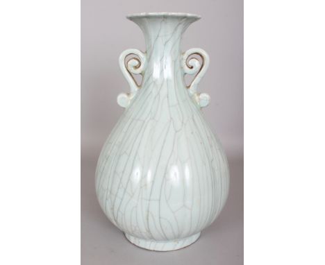 A CHINESE SONG STYLE CELADON FLUTED PORCELAIN VASE, with scroll handles, 12.6in high.