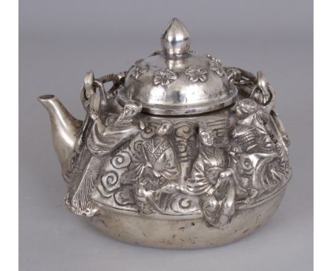 A CHINESE SILVER-METAL TEAPOT & COVER, the sides cast in high relief with the Eight Immortals, the base with a six-character 