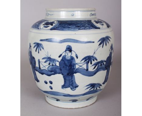 A CHINESE WANLI STYLE BLUE & WHITE PORCELAIN JAR, decorated with sages in a fenced garden setting, 9in high.