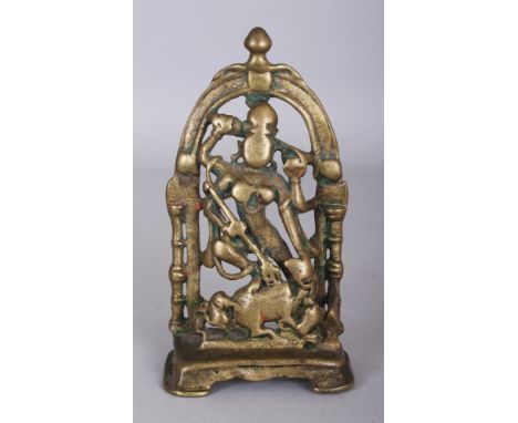 A Brass Shrine Depicting Durga Slaying the Buffalo Demon, (Mahisasuramardini), Western India, circa 15th/16th century, the fo
