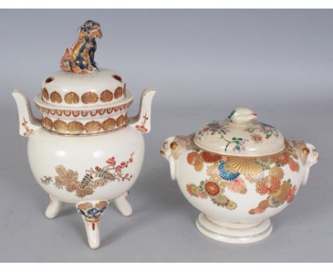 A GOOD QUALITY JAPANESE MEIJI PERIOD IMPERIAL SATSUMA EARTHENWARE TRIPOD KORO & COVER, unsigned, the cover moulded with a shi