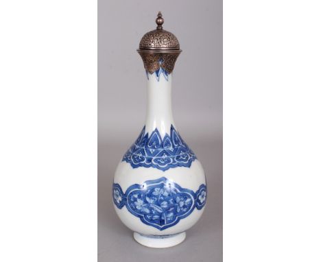 A FINE QUALITY CHINESE KANGXI PERIOD BLUE & WHITE PORCELAIN SILVER-METAL MOUNTED BOTTLE VASE, possibly made for the Islamic m