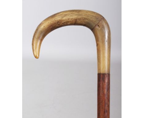 ANOTHER HORN HANDLED WOOD WALKING STICK, the hooked handle formed from two sections, the horn possibly rhinoceros horn, 33.25