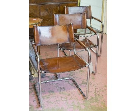 VINTAGE BAUHAUS DESIGN DINING ARMCHAIRS, after Mart Stam, a matched set of ten, stitched and hand finished leaf brown coach l
