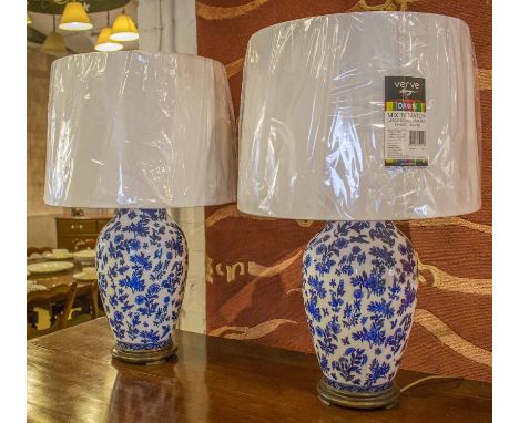 LAMPS, a pair, ceramic case shape chinoiserie, blue and white with shades, 60cm H. (2)