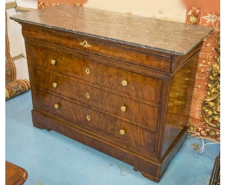 COMMODE, 19th century French Louis Philippe figured walnut with four long drawers and St Annes variegated grey marble top, 12