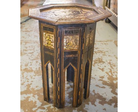 OCCASIONAL TABLE, octagonal Moorish hardwood ebony and mother of pearl inset, 44cm diam x 51cm.