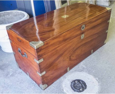 TRUNK, 19th century camphorwood and brass bound with rising lid and carrying handles, 46cm x 104cm x 47cm H.
