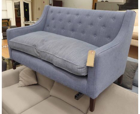 CONTEMPORARY SOFA, two seater, in blue button back fabric on square supports, 146cm L.