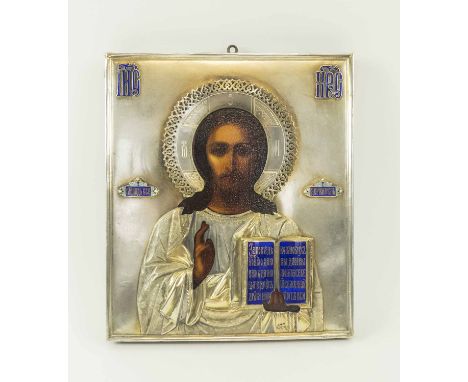 19TH CENTURY RUSSIAN ICON, Christ Pantocrator with hallmarked silver and blue enamel oklad, 31cm H x 27cm.