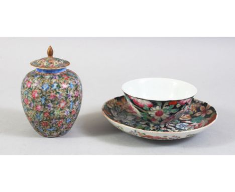 A GOOD CHINESE FAMILLE ROSE MILLEFLEUR PORCELAIN VASE &amp; COVER TOGETHER WITH A BOWL AND SAUCER, the vase &amp; cover with 