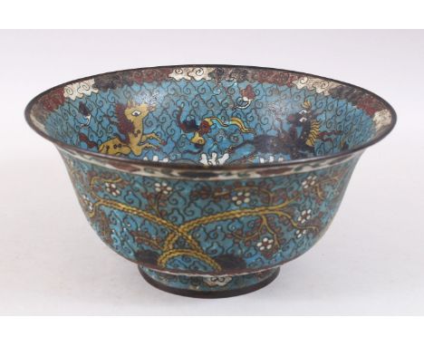 AN EARLY CHINESE CLOISONNE BOWL, possibly ming period, decorated with parading horses amongst fish, waves and foliage, the ex