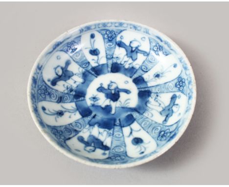 A GOOD CHINESE KANGXI PERIOD BLUE &amp; WHITE PORCELAIN DISH, decorated with boys and landscapes, the base with a seal mark, 