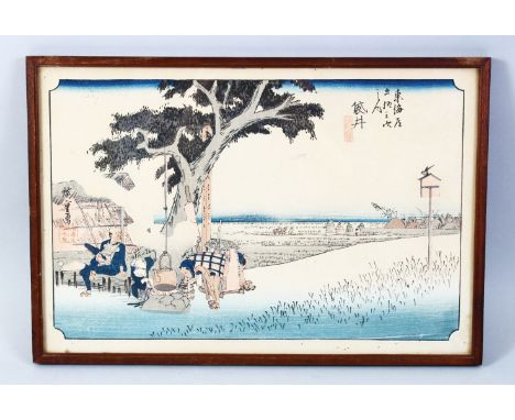 A GOOD JAPANESE MEIJI PERIOD WOODBLOCK PRINT OF FIGURES IN LANDSCAPES, the figures working in a lakeside landscape setting, w