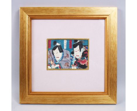 A SMALL JAPANESE MEIJI PERIOD WOODBLOCK PRINT OF TWO ACTORS, framed 25.6cm square.