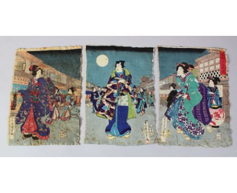 A GOOD JAPANESE MEIJI PERIOD CREPE PAPER TRIPTYCH WOODBLOCK PRINT BY KUNISADA, each of the three depicting varying scenes in 