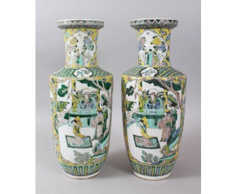 A PAIR OF 19TH CENTURY CHINESE ROULEAU PORCELAIN VASES, the body of the vases with panels depicting scenes of immortals playi