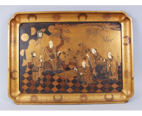 A GOOD QUALITY JAPANESE MEIJI PERIOD GOLD LACQUER &amp; SHIBAYAMA TRAY, of Chinese subject, three sages before the seated emp