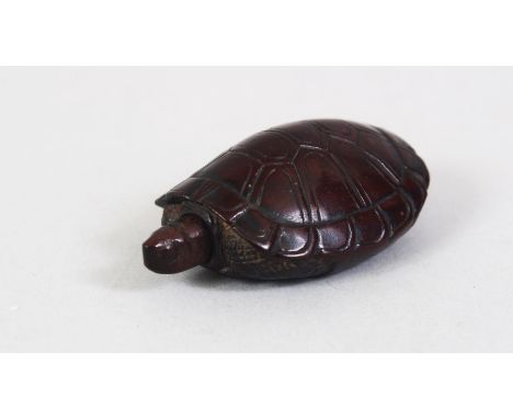 A JAPANESE MEIJI PERIOD CARVED WOODEN NETSUKE OF A TURTLE, the turtle with a moving head, realistically carved details, himot