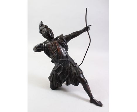 A GOOD JAPANESE MEIJI PERIOD BRONZE OKIMONO OF AN ARCHER, the archer down on one knee shooting his bow &amp; arrow, wearing t