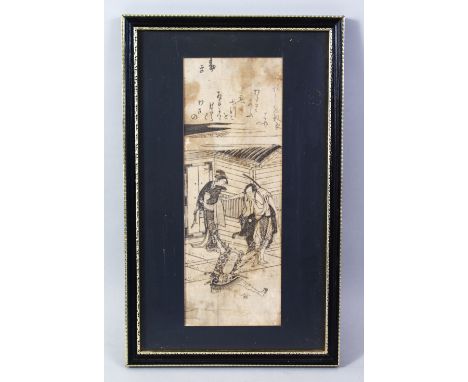 A GOOD JAPANESE MEIJI PERIOD OR EARLIER WOODBLOCK PRINT, depicting two figures in a garden setting, with calligraphy to the u