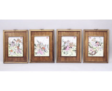 FOUR CHINESE 20TH CENTURY FAMILLE ROSE PORCELAIN FAMED PANELS, each panel depicting a scene of four immortals, dragons , hors