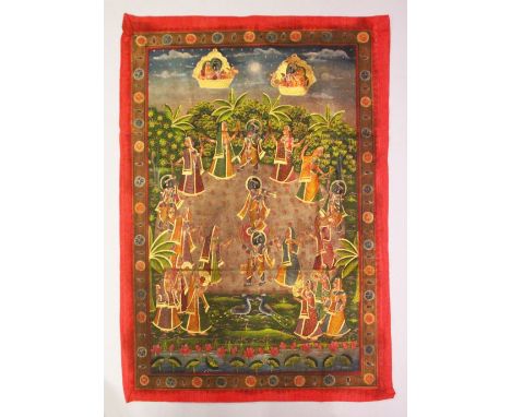 A VERY GOOD QUALITY 19TH CENTURY INDIAN COTTON / TEXTILE PICHWAI PAINTING, the textile depicting lord Krishna playing a music