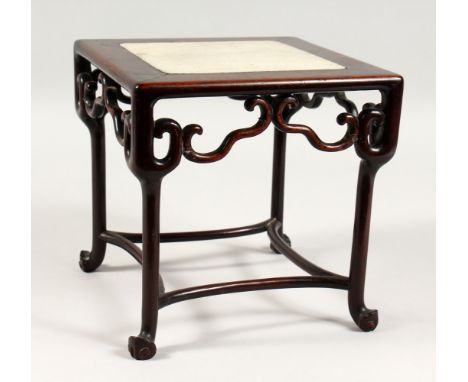 A GOOD 19TH CENTURY MINIATURE CHINESE CARVED HARDWOOD &amp; MARBLE TOP STAND, the stand inset with a square of possibly marbl