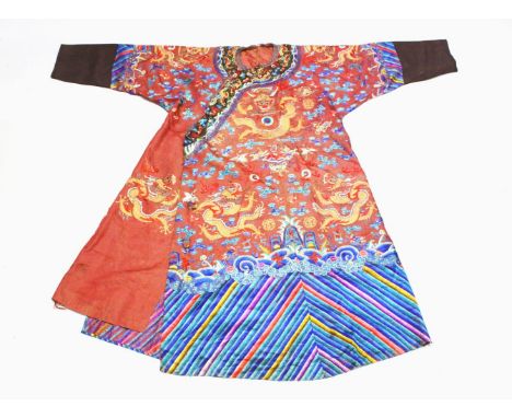 A VERY FINE 19TH CENTURY CHINESE EMBROIDERED SILK COURT DRESS QING JIFU, the gown with very fine embroidered dragons and phoe