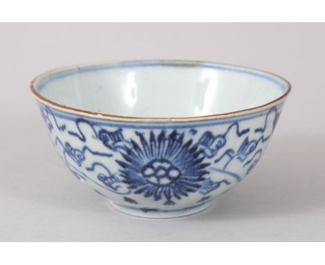 A CHINESE BLUE &amp; WHITE MING DYNASTY PORCELAIN BOWL, the exterior decorated with formal floral decoration , the base with 