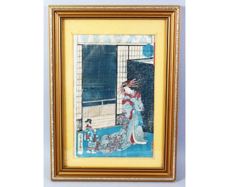 A GOOD JAPANESE MEIJI PERIOD WOODBLOCK PRINT OF A LADY AND CHILD, the picture depicting a lady figure with a child in an inte