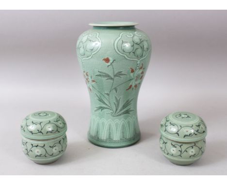 THREE 20TH CENTURY KOREAN CELADON PORCELAIN TEA SET, the body decorated with formal floral display, the caddy 25.5cm high x 1