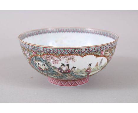 A GOOD CHINESE QIANLONG EGGSHELL PORCELAIN BOWL &amp; BOX, the bowl decorated with two panels depicting figures within rocky 