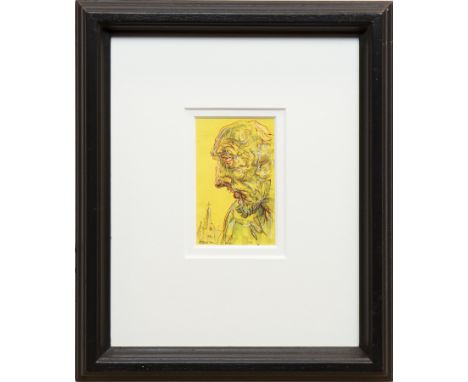 * PETER HOWSON OBE,DON QUIXOTEmixed media on paper, signed and dated 20147.5cm x 12cmMounted, framed and under glass.