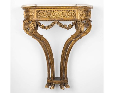 A console table with ram's heads and garlands, gilt and sculptured wood and a Carrara marble top. 19th century.&nbsp;Dimensio