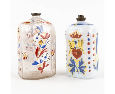 Two antique enamel hand-painted glass bottles, 17th/18th century.&nbsp;Dimensions:(H:13 cm)