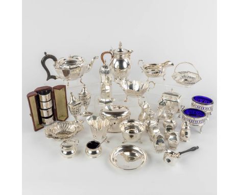 Large collection of silver items, Mostly England. 19th Century.&nbsp;Coffee pots, Sugar pots, Milk jugs, Sugar Casters, servi