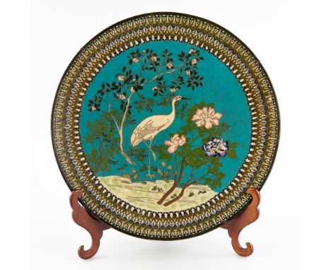 A large plate with a heron, cloisonné enamel, probably 19th century.&nbsp;Dimensions:(D:45 cm)