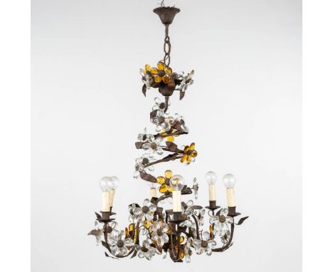 A chandelier with glass flowers, 6 points of light. 20th C.Dimensions:(H:70 x D:54 cm)