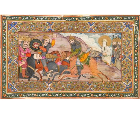 A Qajar miniature painting of the Karbala battle.&nbsp;Gouache and gold on paper. It depicts a scène from the battle of Karba