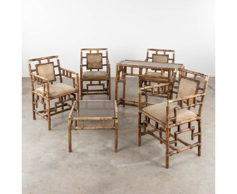 4 armchairs, coffee table, console table, Imitation bamboo, probably McGuire.&nbsp;Console table and coffee table with tinted
