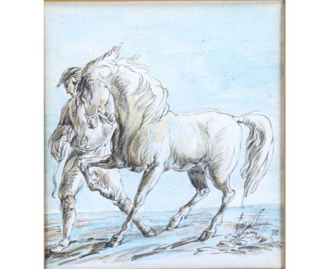 19th century pencil and watercolour, farmer and horse, unsigned, 14cm x 12cm, framedGood condition 
